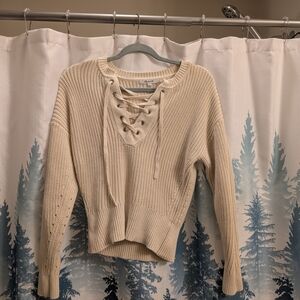 Madewell Cream Lace-Up Crew Neck Sweater